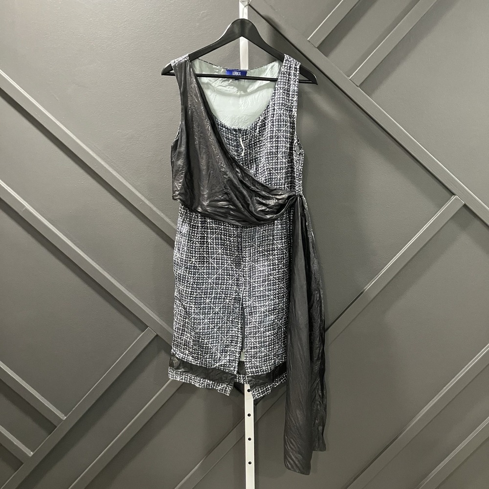 Lorick Silk Draped Asymmetrical Dress Black White Abstract Womens Size 10